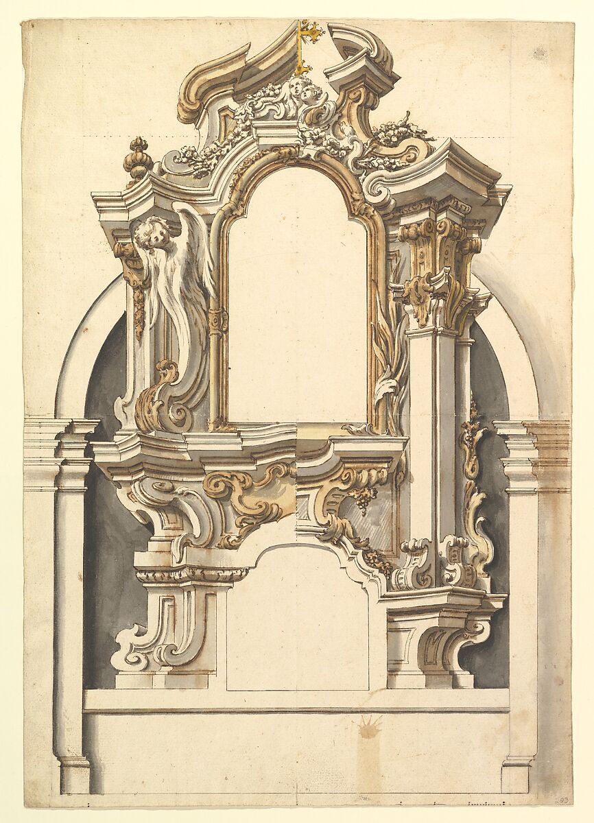 Two Alternate Designs for an Altar, Anonymous, Italian, Piedmontese, 18th century, Pen and brown ink, brush and watercolor, over leadpoint or graphite, with ruled and compass construction; scale at bottom in pen and brown ink 