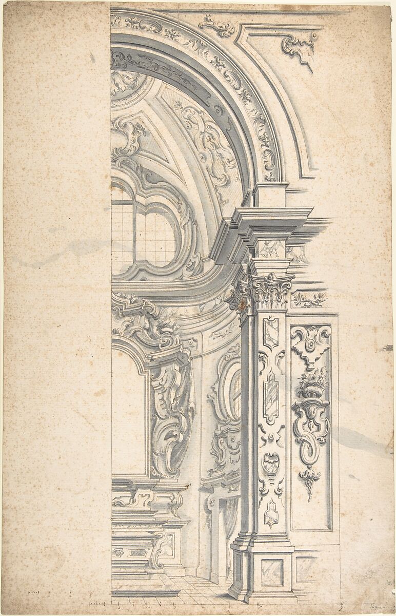 Project for a Chapel, Anonymous, Italian, Piedmontese, 18th century, Pen and brown and gray ink, brush and gray wash over leadpoint, with ruled and compass construction; measuring scale at bottom of drawing in pen and brown ink 