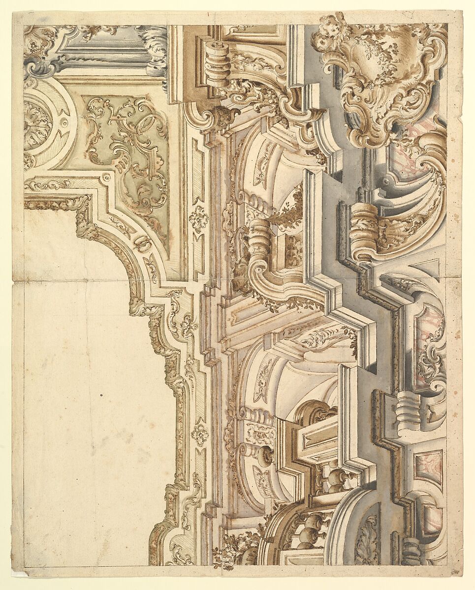 Design for a Cornice, Anonymous, Italian, Piedmontese, 18th century, Pen and brown ink, brush and watercolor, over leadpoint or graphite, with ruled and compass construction; framing outlines in pen and dark brown ink 