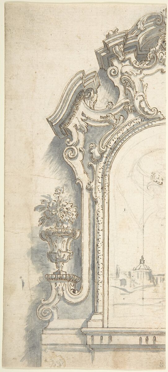 Design for Left Side of an Altarpiece Frame, Anonymous, Italian, Piedmontese, 18th century, Pen and brown ink, brush and gray wash, over leadpoint or graphite, with ruled and compass construction 