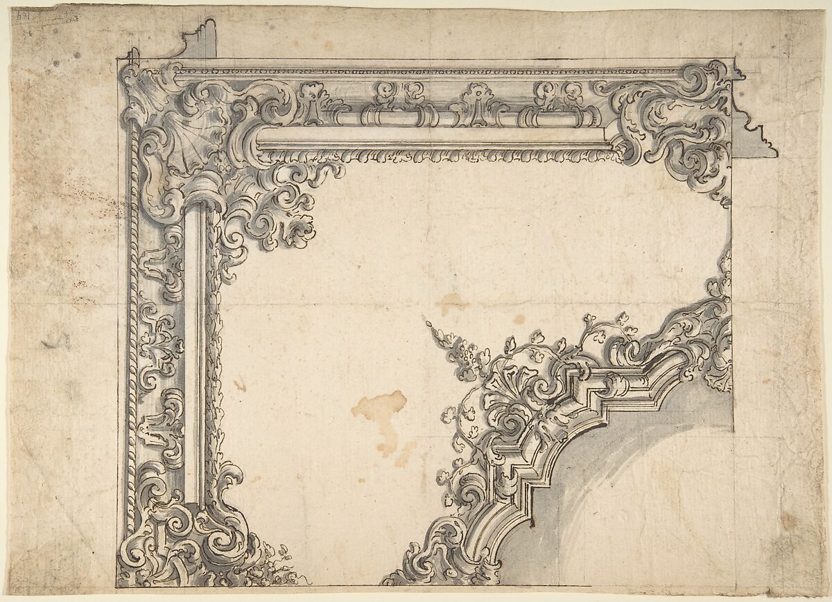 Design for One Quarter of a Ceiling, Anonymous, Italian, Piedmontese, 18th century, Pen and brown ink, brush and gray wash, over leadpoint or graphite, with ruled and compass construction 