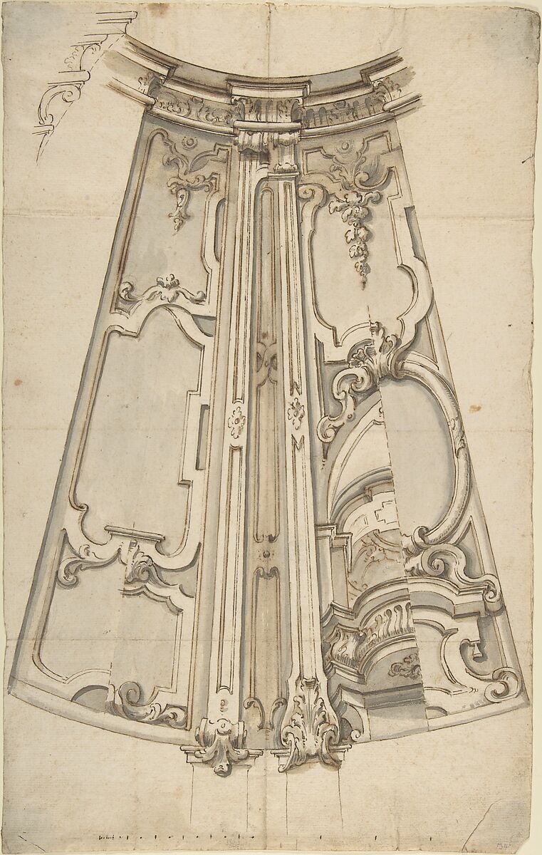 Design for the Ornamentation of a Section of a Ceiling, Anonymous, Italian, Piedmontese, 18th century, Pen and brown ink, brush with brown and gray wash, over leadpoint or graphite, with ruled and compass construction; measuring scale, at bottom of design, in pen and brown ink 