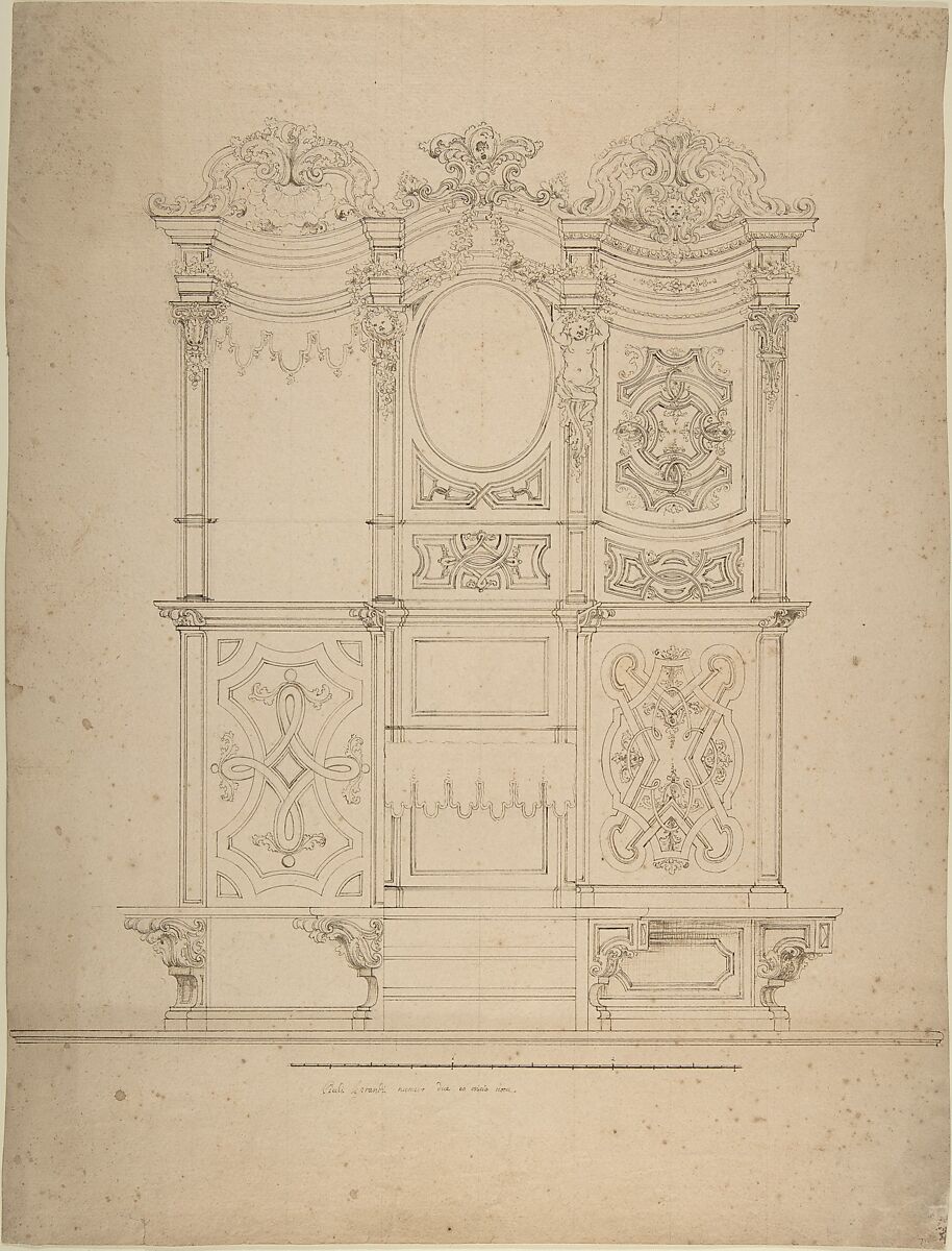 Design for the Ornamentation of a Wall or a Private Altar, Anonymous, Italian, Piedmontese, 18th century, Pen and brown ink, over leadpoint or graphite, with ruled and compass construction; measuring scale, at bottom of design, in pen and brown ink 