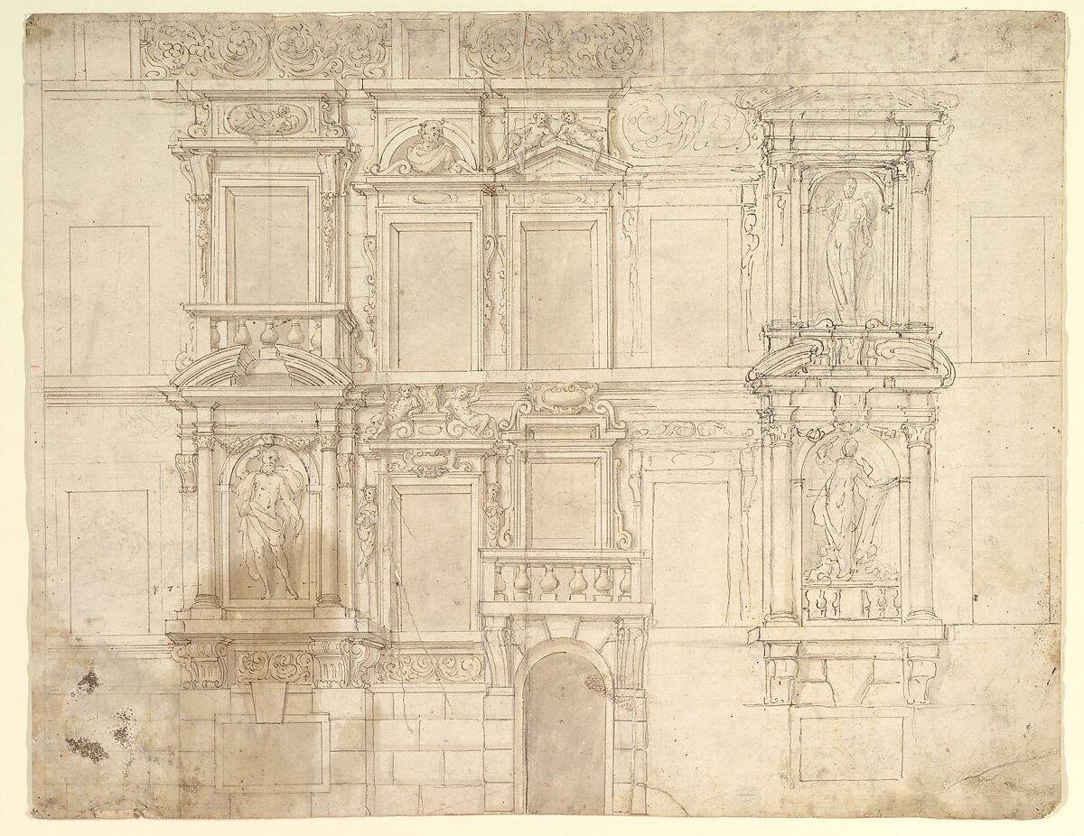 Design for Exterior Wall Elevation, Anonymous, Italian, Piedmontese, 17th century, Pen and brown ink, brush and brown wash, over black chalk, with ruled and compass construction 