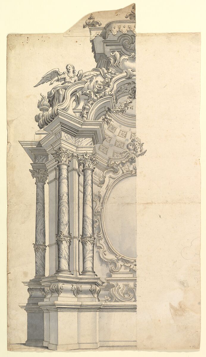 Halved Design for an Altar with Angel and Putti, Anonymous, Italian, Piedmontese, 18th century, Pen and brown ink, brush and gray wash, over black chalk or graphite, with ruled and compass construction 
