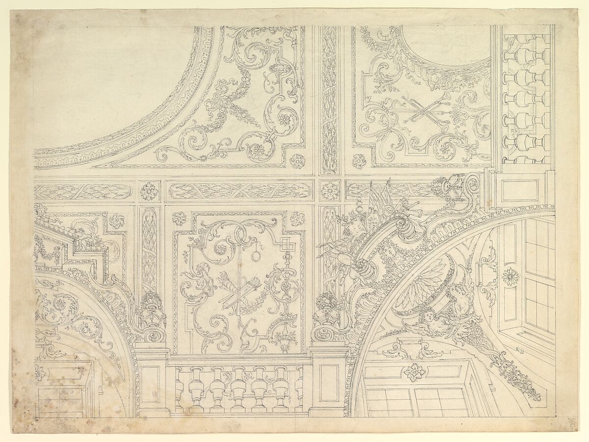 Design for a Quarter of Stucco Ceiling, Anonymous, Italian, Piedmontese, 18th century, Pen and gray ink, over black chalk, with ruled and compass construction; some dotted and some continuous framing lines in pen and gray ink over black chalk 