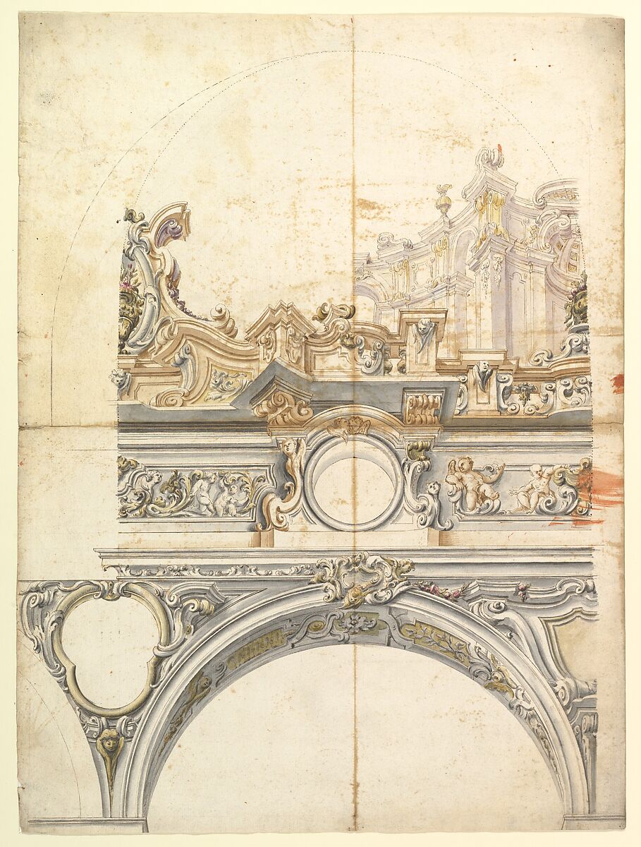 Two Alternate Designs for a Balustrade with Architectural Perspective, Anonymous, Italian, Piedmontese, 18th century, Pen and brown ink, brush with brown, gray wash and watercolor, over leadpoint or graphite, with ruled and compass construction; some dotted framing lines in pen and brown ink 