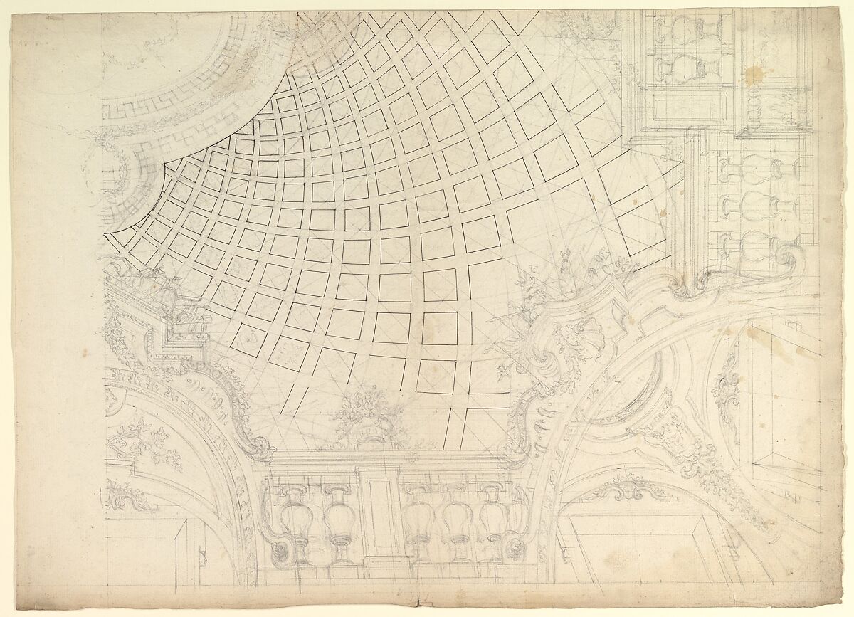 Design of a Quarter of Cupola, Anonymous, Italian, Piedmontese, 18th century, Pen and dark brown ink, over black chalk, with ruled and compass construction 