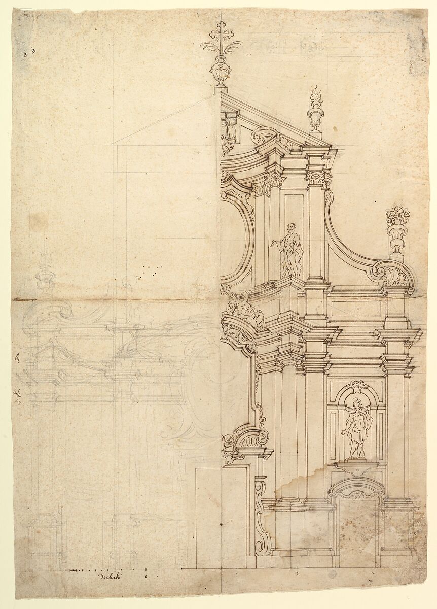 Two Alternate Design for a Church Façade, Anonymous, Italian, Piedmontese, 18th century, Pen and brown ink, over leadpoint or graphite, with ruled and compass construction 