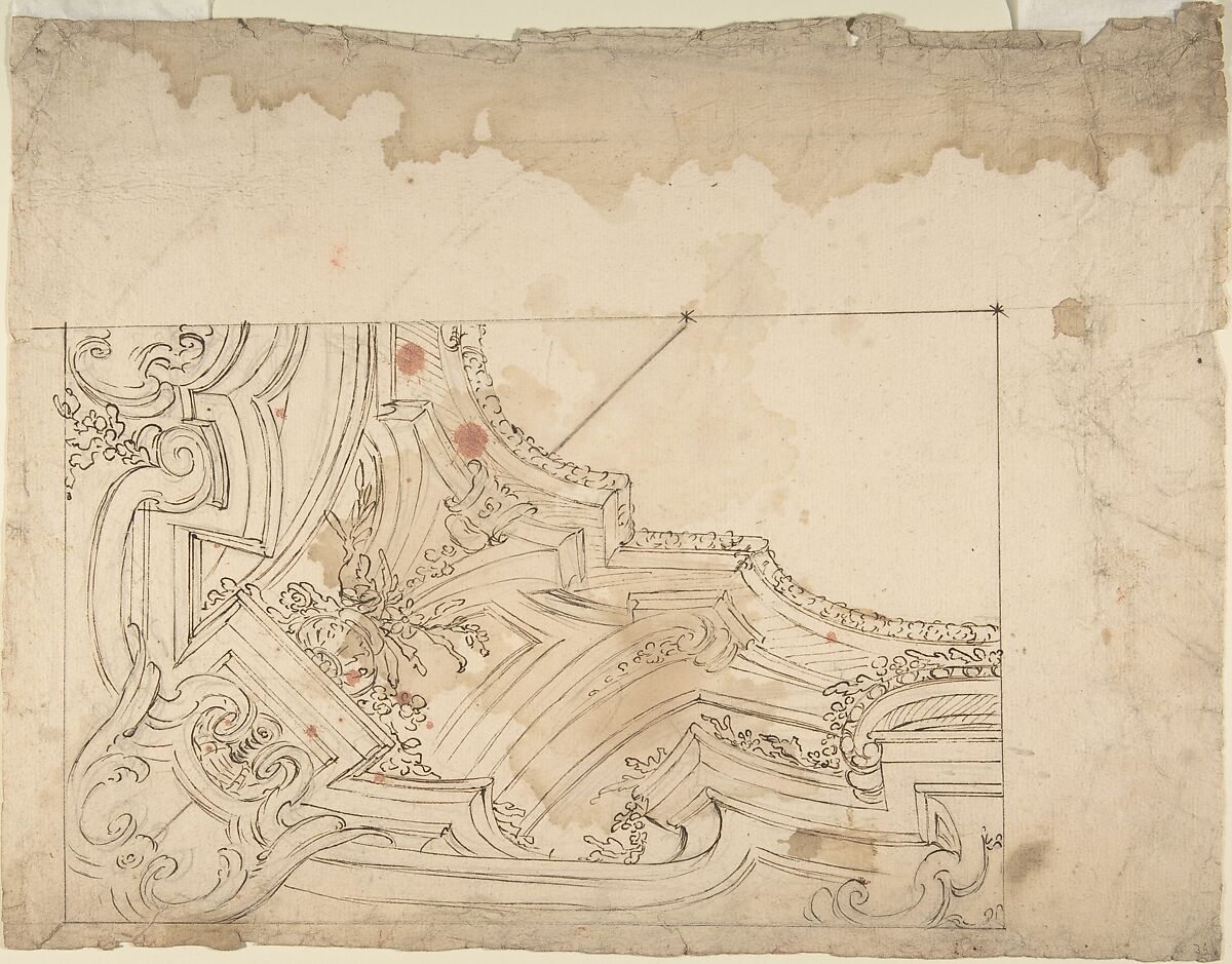 Design for Corner of a Cove (recto); Designs for a Ceiling (?) (verso), Anonymous, Italian, Piedmontese, 18th century, Pen and dark brown ink, over leadpoint or graphite, with ruled construction; framing outlines in pen and brown ink, over lead point or graphite (recto); graphite or leadpoint (verso) 