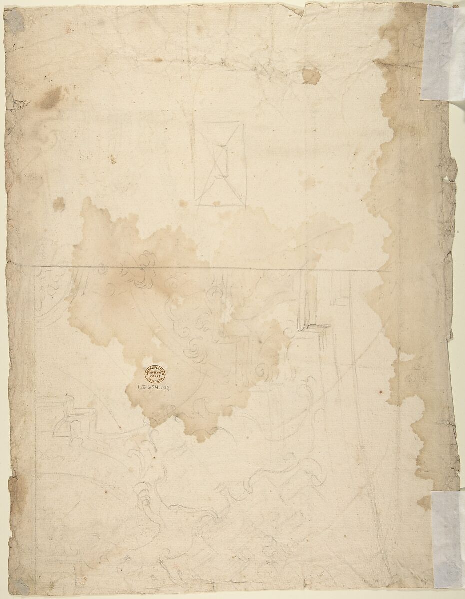 Design for Corner of a Cove (recto); Designs for a Ceiling (?) (verso), Anonymous, Italian, Piedmontese, 18th century, Pen and dark brown ink, over leadpoint or graphite, with ruled construction; framing outlines in pen and brown ink, over lead point or graphite (recto); graphite or leadpoint (verso)
