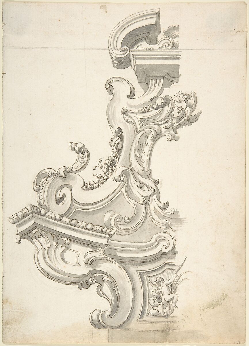 Design for One Half of an Overdoor, Anonymous, Italian, Piedmontese, 18th century, Pen and brown ink, brush and gray wash, over leadpoint or graphite, with ruled construction 