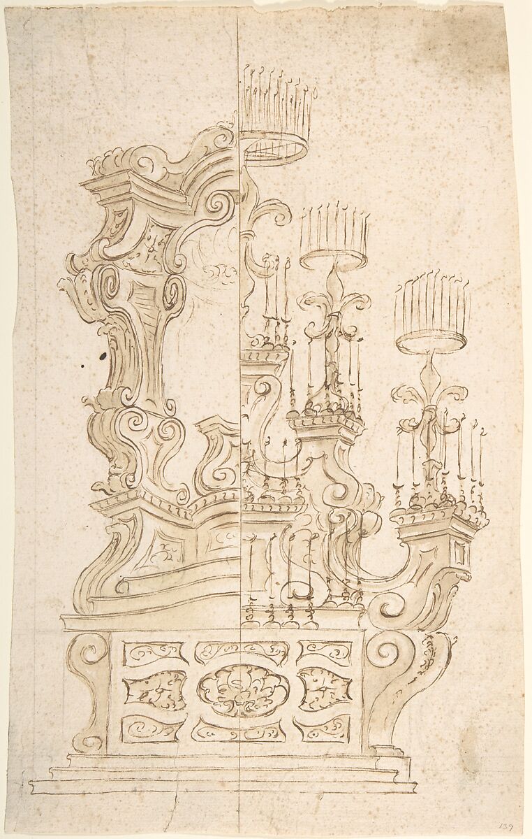 Two One Half Variant Designs for a Catafalque, Anonymous, Italian, Piedmontese, 18th century, Pen and brown ink, brush and brown wash, over leadpoint or graphite, with ruled construction 