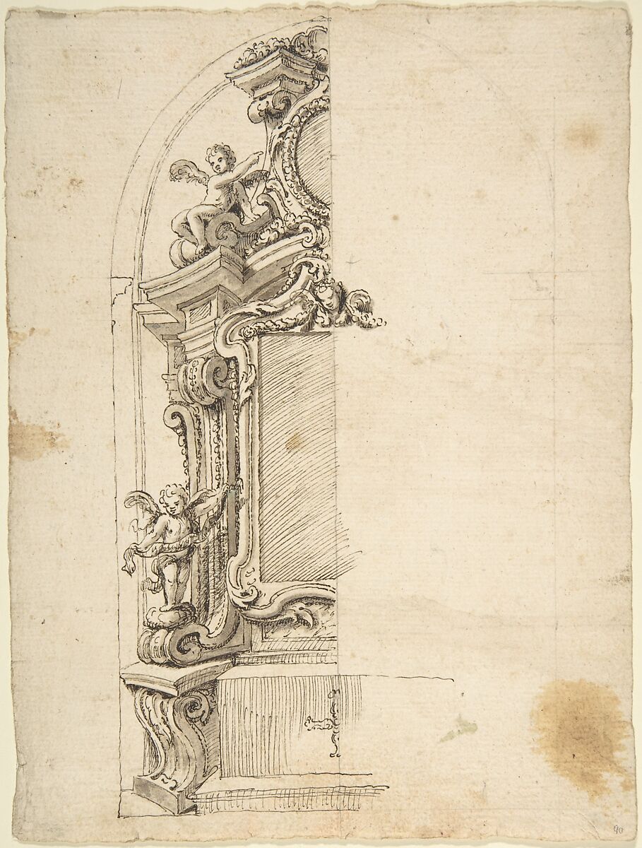 Half design for the decoration of an Altar with Putti, Anonymous, Italian, Piedmontese, 18th century, Pen and ink over graphite; framing outlines in graphite (recto); pen and ink (verso) 