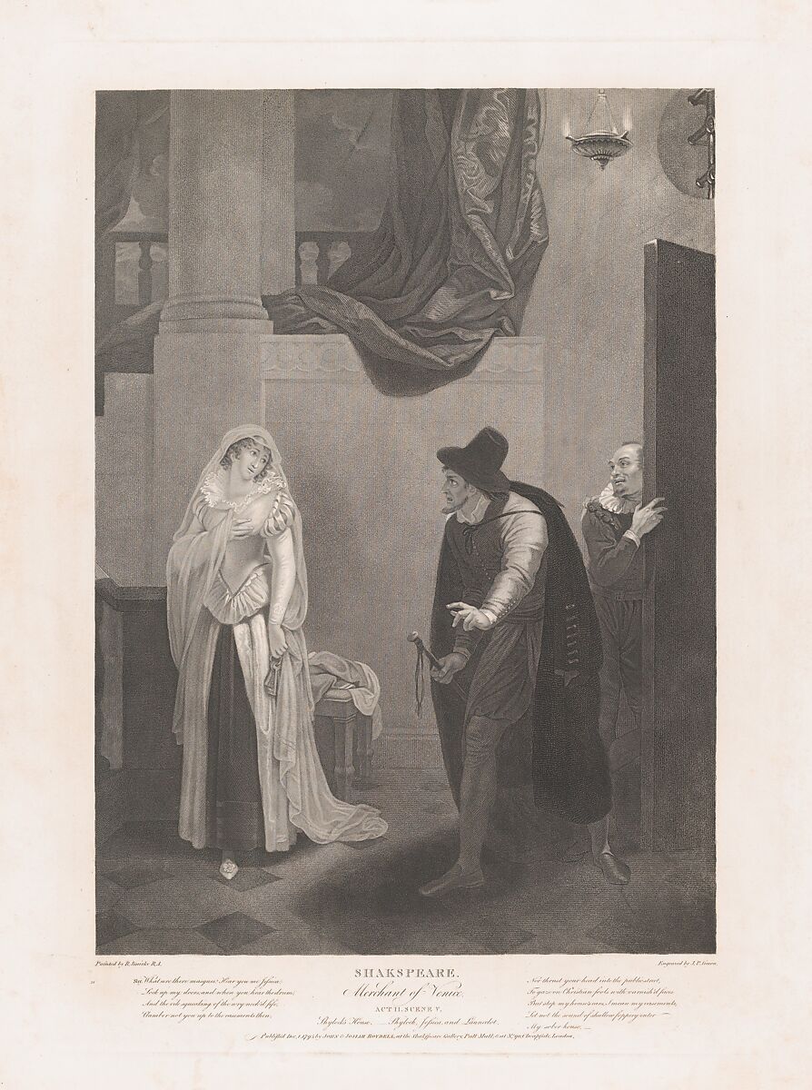 Shylock's House–Shylock, Jessica and Launcelot (Shakespeare, Merchant of Venice, Act 2, Scene 5), Peter Simon (British, London ca. 1764–1813 Paris), Stipple engraving
