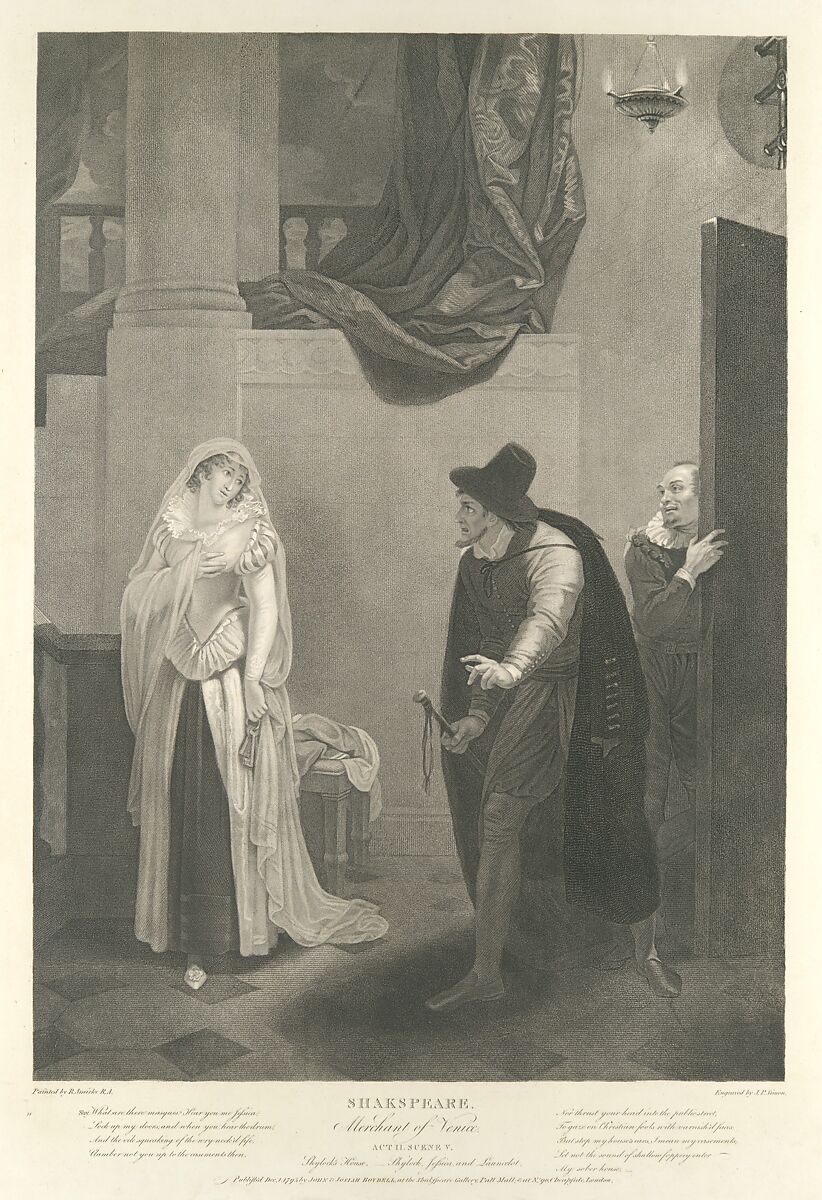 Shylock's House–Shylock, Jessica and Launcelot (Shakespeare, Merchant of Venice, Act 2, Scene 5), Peter Simon (British, London ca. 1764–1813 Paris), Stipple engraving 