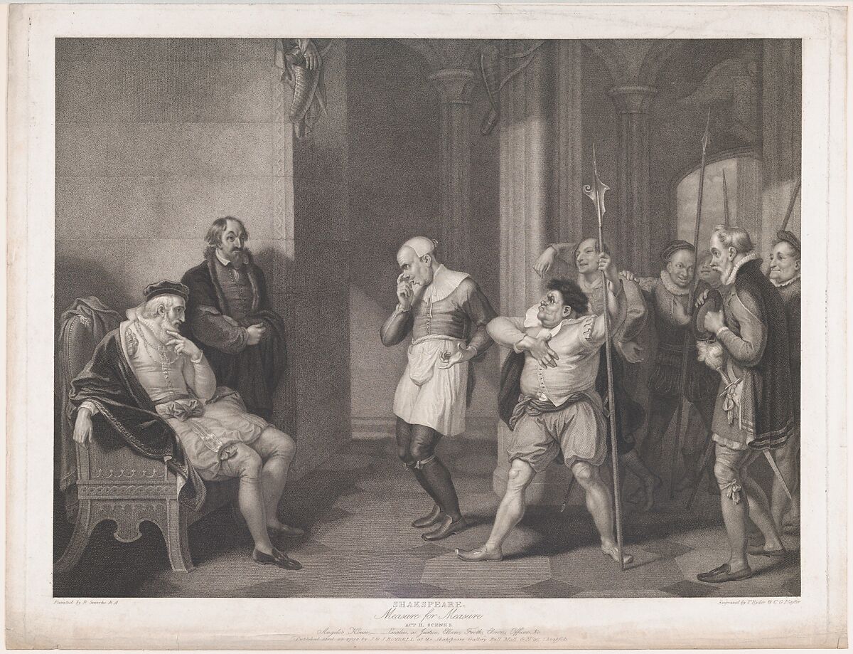 Angelo's House–Escalus, a Justice, Elbow, Froth, Clown, Officers, etc. (Shakespeare, Measure for Measure, Act 2, Scene 1), Thomas Ryder I (British, 1746–1810), Stipple engraving