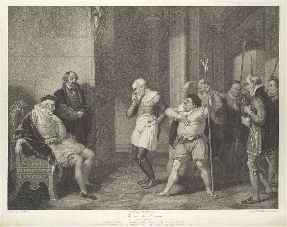 Angelo's House–Escalus, a Justice, Elbow, Froth, Clown, Officers, etc. (Shakespeare, Measure for Measure, Act 2, Scene 1), Thomas Ryder I (British, 1746–1810), Stipple engraving 