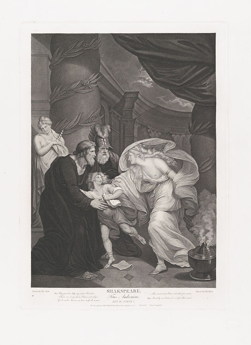 Rome, Titus's Garden–Lucius Pursued by Lavinia (Shakespeare, Titus Andronicus, Act 4, Scene 1), Thomas Kirk (British, ca. 1765–1797 London), Stipple engraving