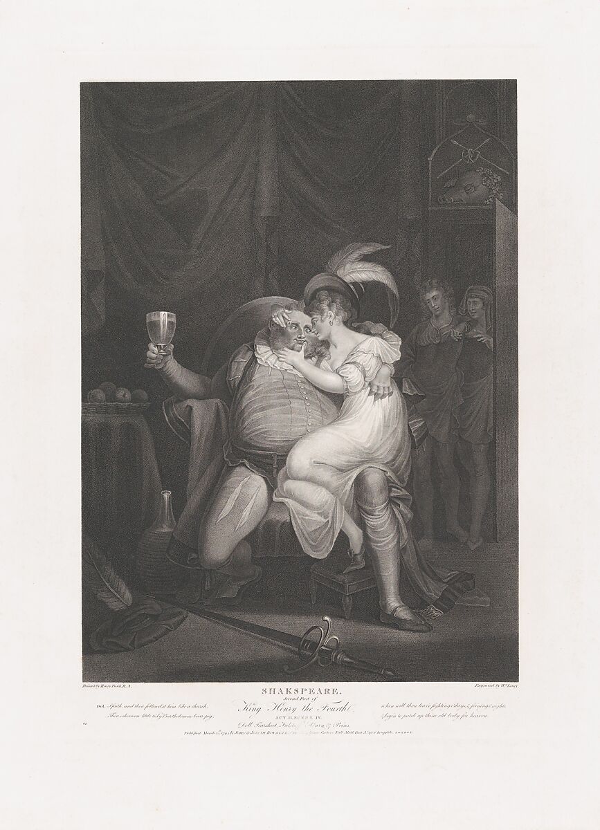 Doll Tearsheet, Falstaff, Henry and Poins (Shakespeare, King Henry IV, Part 2, Act 2, Scene 4), William Satchwell Leney (American (born England), London 1769–1831 Longue Pointe, near Montreal), Stipple engraving; third state of three