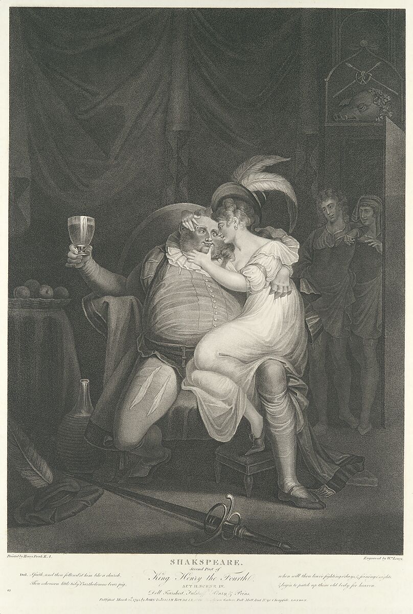 Doll Tearsheet, Falstaff, Henry and Poins (Shakespeare, King Henry IV, Part 2, Act 2, Scene 4), William Satchwell Leney (American (born England), London 1769–1831 Longue Pointe, near Montreal), Stipple engraving; third state of three 