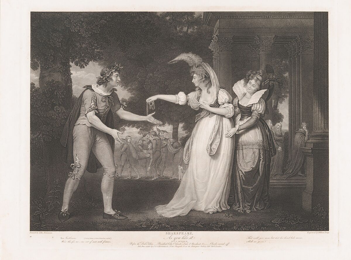 Before the Duke's Palace–Rosalind, Celia, Orlando, the Duke & Attendants (Shakespeare, As You Like It, Act 1, Scene 2), William Satchwell Leney (American (born England), London 1769–1831 Longue Pointe, near Montreal), Stipple engraving 