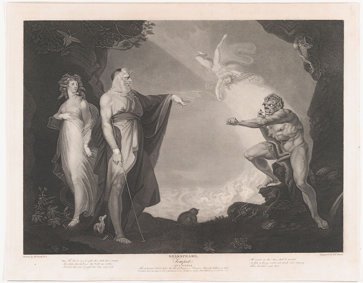 The Enchanted Island Before the Cell of Prospero - Prospero, Miranda, Caliban and Ariel (Shakespeare, The Tempest, Act 1, Scene 2), Peter Simon (British, London ca. 1764–1813 Paris), Stipple engraving; fourth state of four 