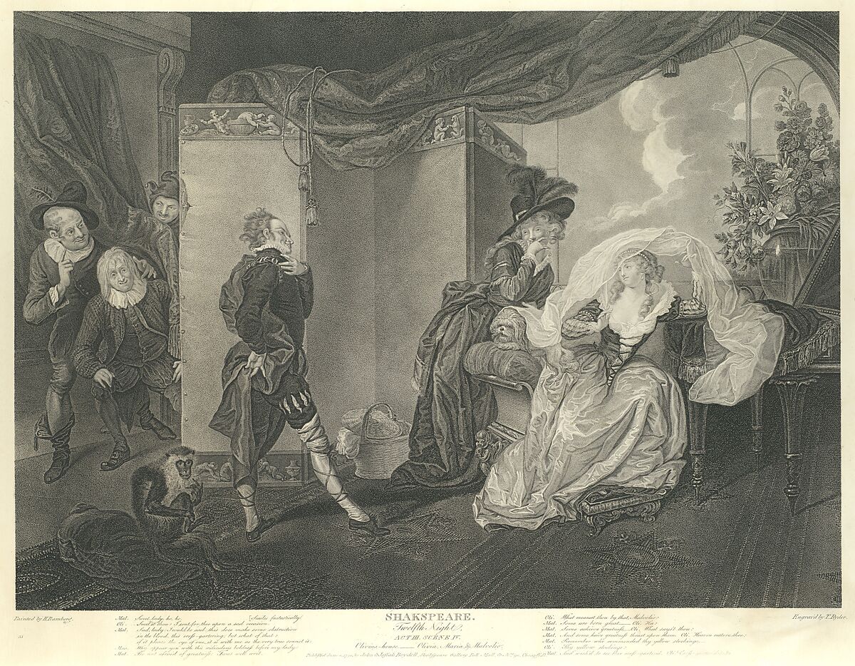 Olivia's House - Olivia, Maria and Malvolio (Shakespeare, Twelfth Night, Act 3, Scene 4), Thomas Ryder I (British, 1746–1810), Stipple engraving 