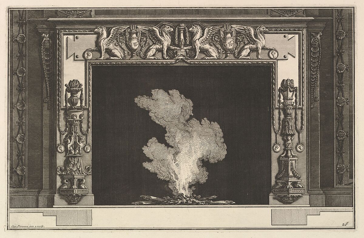 Chimneypiece: Affronted griffons on the lintel and candelabra on the jambs (Ch. accompagnée de son plan et décorée d'une frise de griffons), from Diverse Maniere d'adornare i cammini ed ogni altra parte degli edifizi...(Different Ways of ornamenting chimneypieces and all other parts of houses), Giovanni Battista Piranesi (Italian, Mogliano Veneto 1720–1778 Rome), Etching 