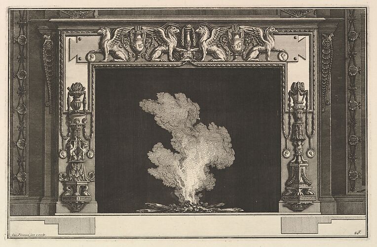 Chimneypiece: Affronted griffons on the lintel and candelabra on the jambs (Ch. accompagnée de son plan et décorée d'une frise de griffons), from Diverse Maniere d'adornare i cammini ed ogni altra parte degli edifizi...(Different Ways of ornamenting chimneypieces and all other parts of houses)