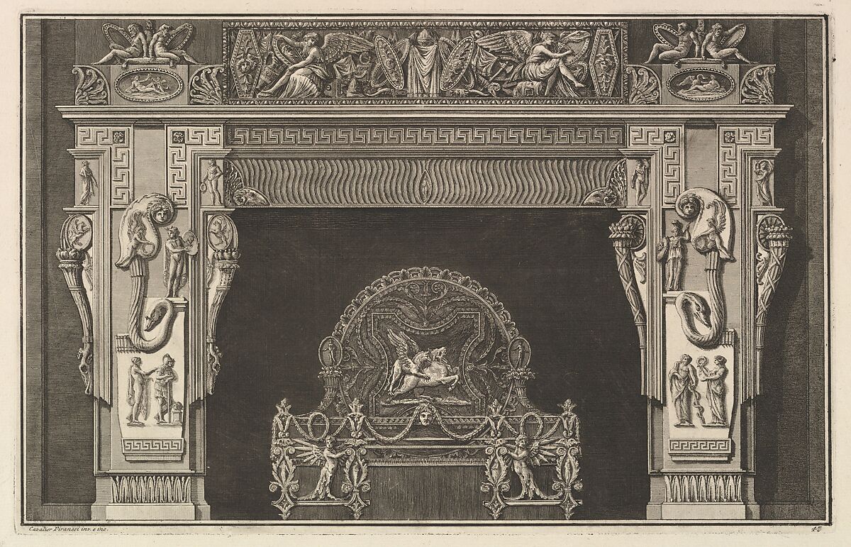 Chimneypiece: Frieze of trophies and winged Victories on the lintel, with cornucopias to either side of the jambs decorated with varied reliefs (Ch. décorée d'une grecque), from Diverse Maniere d'adornare i cammini ed ogni altra parte degli edifizi...(Different Ways of ornamenting chimneypieces and all other parts of houses), Giovanni Battista Piranesi (Italian, Mogliano Veneto 1720–1778 Rome), Etching 