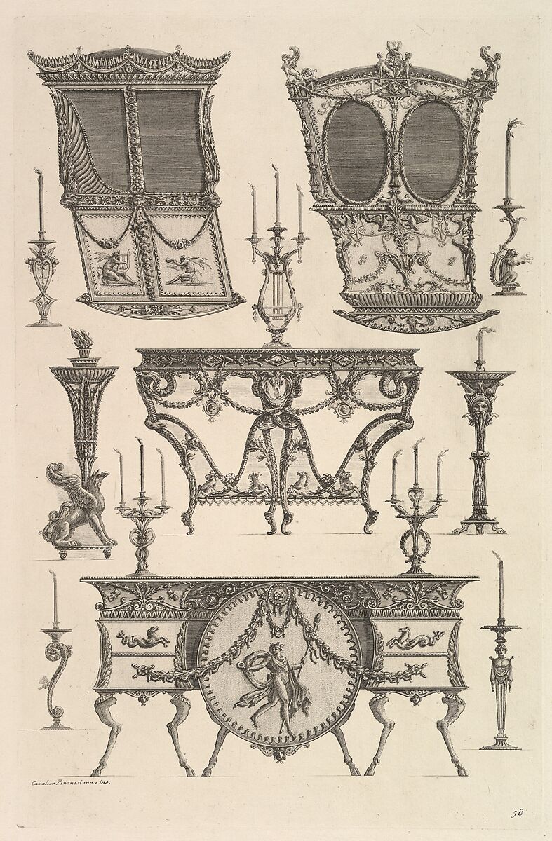 Miscellaneous furniture including two sedan chairs, a side table and a commode (Deux ch. à porteurs v. de côté, console, flambeau.), from Diverse Maniere d'adornare i cammini ed ogni altra parte degli edifizi...(Different Ways of ornamenting chimneypieces and all other parts of houses), Giovanni Battista Piranesi (Italian, Mogliano Veneto 1720–1778 Rome), Etching 