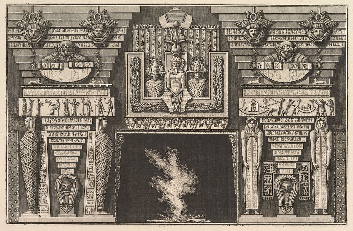 Chimneypiece in the Egyptian style: Two mummies in profile on the left and two figures brearing obelisks on the right (Ch. à l'ègyptienne), from Diverse Maniere d'adornare i cammini ed ogni altra parte degli edifizi...(Different Ways of ornamenting chimneypieces and all other parts of houses), Giovanni Battista Piranesi (Italian, Mogliano Veneto 1720–1778 Rome), Etching 
