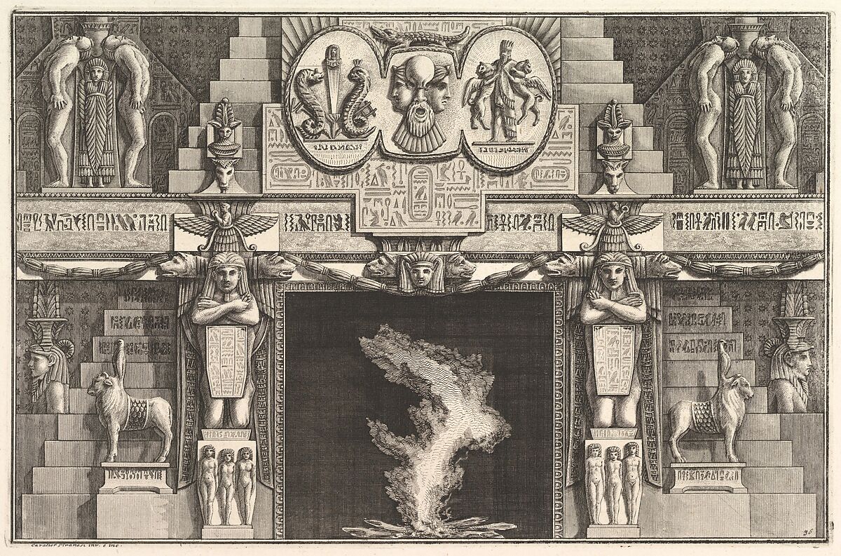 Chimneypiece in the Egyptian style: Groups of three female nudes at the base of each jamb, surmounted by larger kneeling figures), from Diverse Maniere d'adornare i cammini ed ogni altra parte degli edifizi...(Different Ways of ornamenting chimneypieces and all other parts of houses), Giovanni Battista Piranesi (Italian, Mogliano Veneto 1720–1778 Rome), Etching 