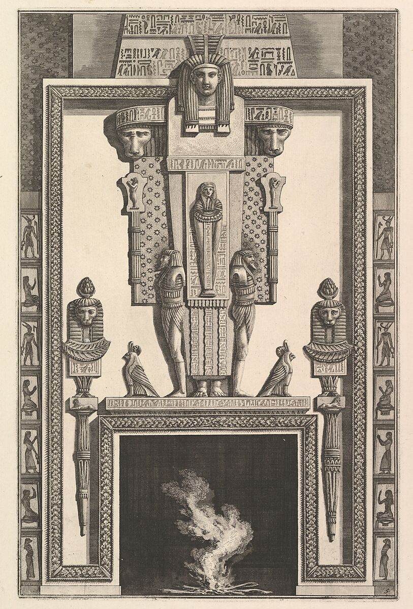 Chimneypiece in the Egyptian style: Mummy superimposed on a large caryatid above the lintel (Ch. à l'égyptiennne surmontée d'une grande cariatide contre laquelle s'applique une momie), from Diverse Maniere d'adornare i cammini ed ogni altra parte degli edifizi...(Different Ways of ornamenting chimneypieces and all other parts of houses), Giovanni Battista Piranesi (Italian, Mogliano Veneto 1720–1778 Rome), Etching 