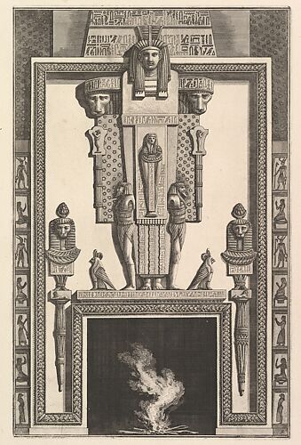 Chimneypiece in the Egyptian style: Mummy superimposed on a large caryatid above the lintel (Ch. à l'égyptiennne surmontée d'une grande cariatide contre laquelle s'applique une momie), from Diverse Maniere d'adornare i cammini ed ogni altra parte degli edifizi...(Different Ways of ornamenting chimneypieces and all other parts of houses)