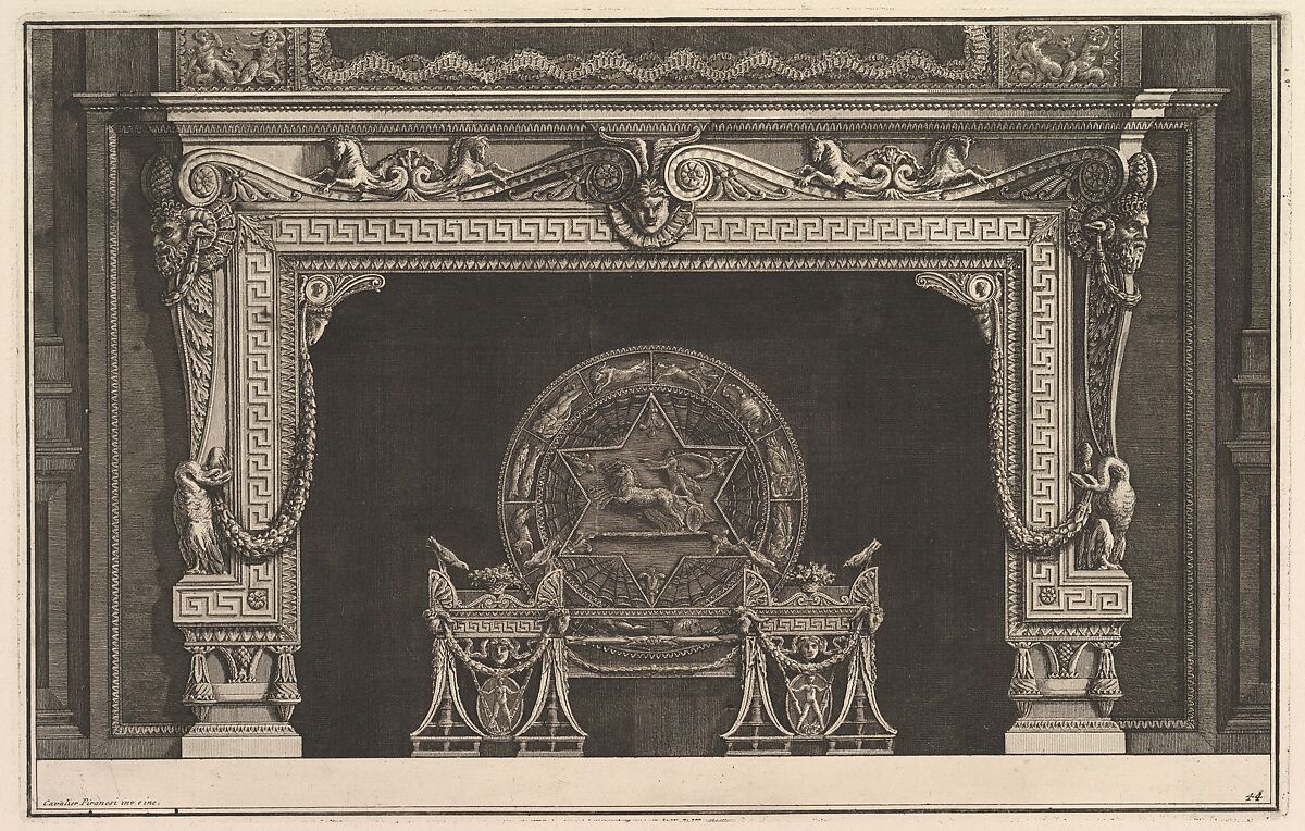 Chimneypiece: Architrave decorated with a Greek key motif and a circular fireback with figures of the zodiac (Ch. décorée d'une grecque), from Diverse Maniere d'adornare i cammini ed ogni altra parte degli edifizi...(Different Ways of ornamenting chimneypieces and all other parts of houses), Giovanni Battista Piranesi (Italian, Mogliano Veneto 1720–1778 Rome), Etching 