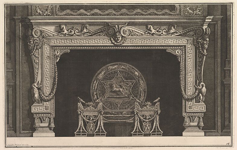 Chimneypiece: Architrave decorated with a Greek key motif and a circular fireback with figures of the zodiac (Ch. décorée d'une grecque), from Diverse Maniere d'adornare i cammini ed ogni altra parte degli edifizi...(Different Ways of ornamenting chimneypieces and all other parts of houses)