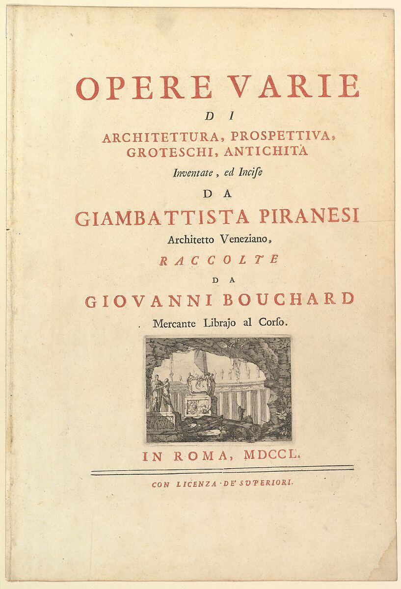 Frontispiece to "Opere varie di architettura, prospettive grotesshi antichità", Giovanni Battista Piranesi (Italian, Mogliano Veneto 1720–1778 Rome), Etching 