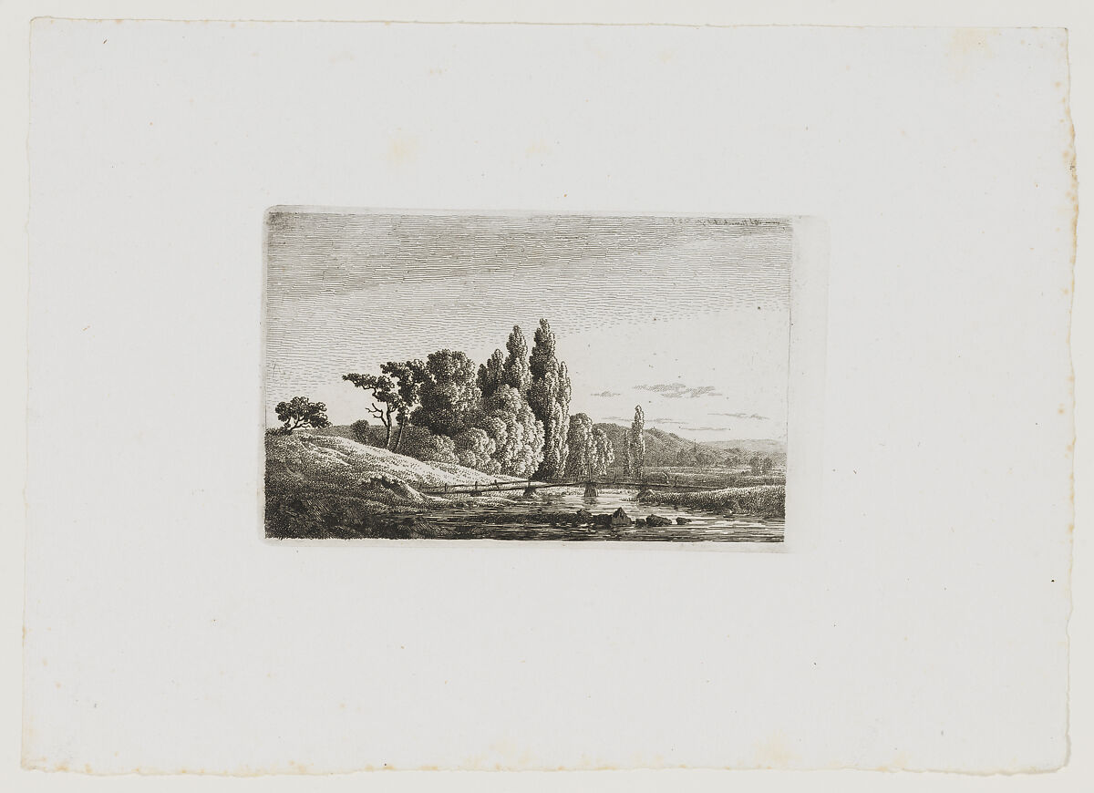 Steg mit Brückenkreuz vor Baumgruppe am Fluss (Footpath with a bridge across a stream near a clump of trees), Caspar David Friedrich (German, Greifswald 1774–1840 Dresden), Etching on wove paper 