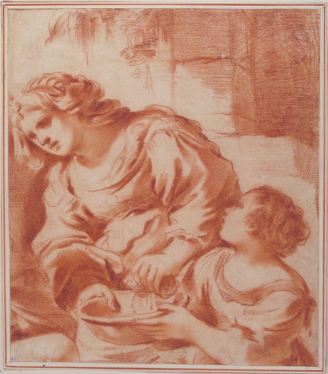 Woman Soaking a Cloth in a Bowl Held by a Girl (copy from Guercino's Saint Sebastian Tended by Irene), After Guercino (Giovanni Francesco Barbieri) (Italian, Cento 1591–1666 Bologna), Red chalk