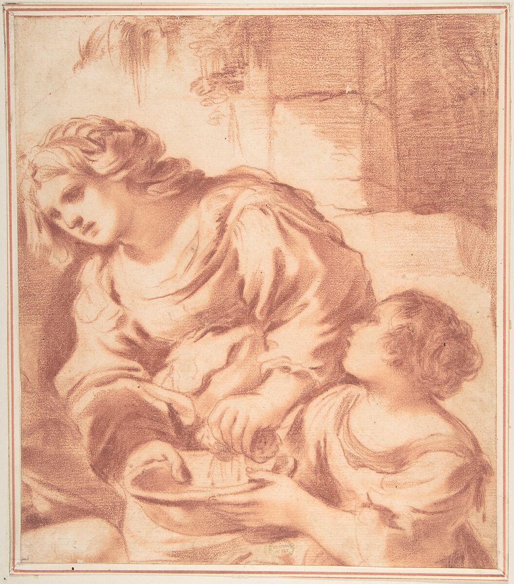 Woman Soaking a Cloth in a Bowl Held by a Girl (copy from Guercino's Saint Sebastian Tended by Irene), After Guercino (Giovanni Francesco Barbieri) (Italian, Cento 1591–1666 Bologna), Red chalk 