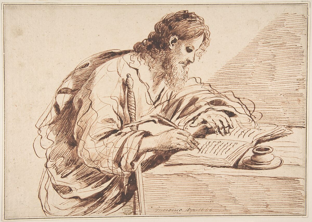 Saint Paul, Imitator of Guercino (Giovanni Francesco Barbieri) (Italian, Cento 1591–1666 Bologna), Pen and brown ink, brush and brown ink, over leadpoint or graphite. 