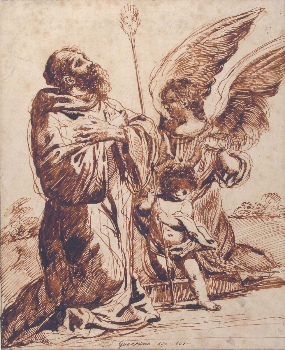 Saint with Angel and Putto, After Guercino (Giovanni Francesco Barbieri) (Italian, Cento 1591–1666 Bologna), Pen and brown ink, brush and dark brown ink, over leadpoint.