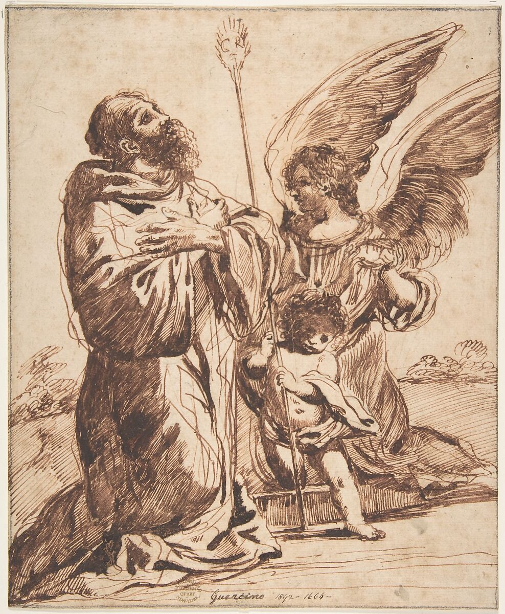 Saint with Angel and Putto, After Guercino (Giovanni Francesco Barbieri) (Italian, Cento 1591–1666 Bologna), Pen and brown ink, brush and dark brown ink, over leadpoint. 