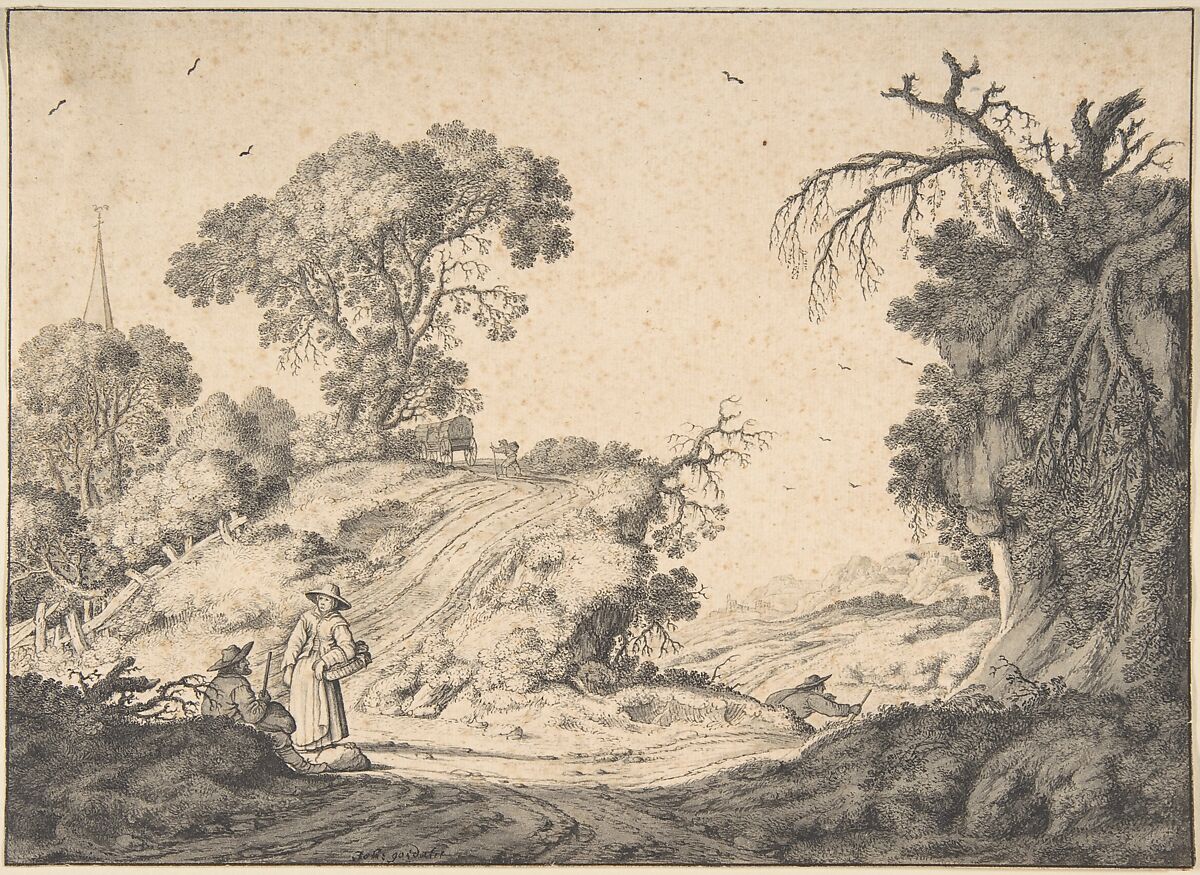 Peasant Couple in an Extensive Landscape, Johannes Goedaert (Dutch, Middelburg 1617–1668 Middelburg), Pen and ink in gray and black, gray wash 