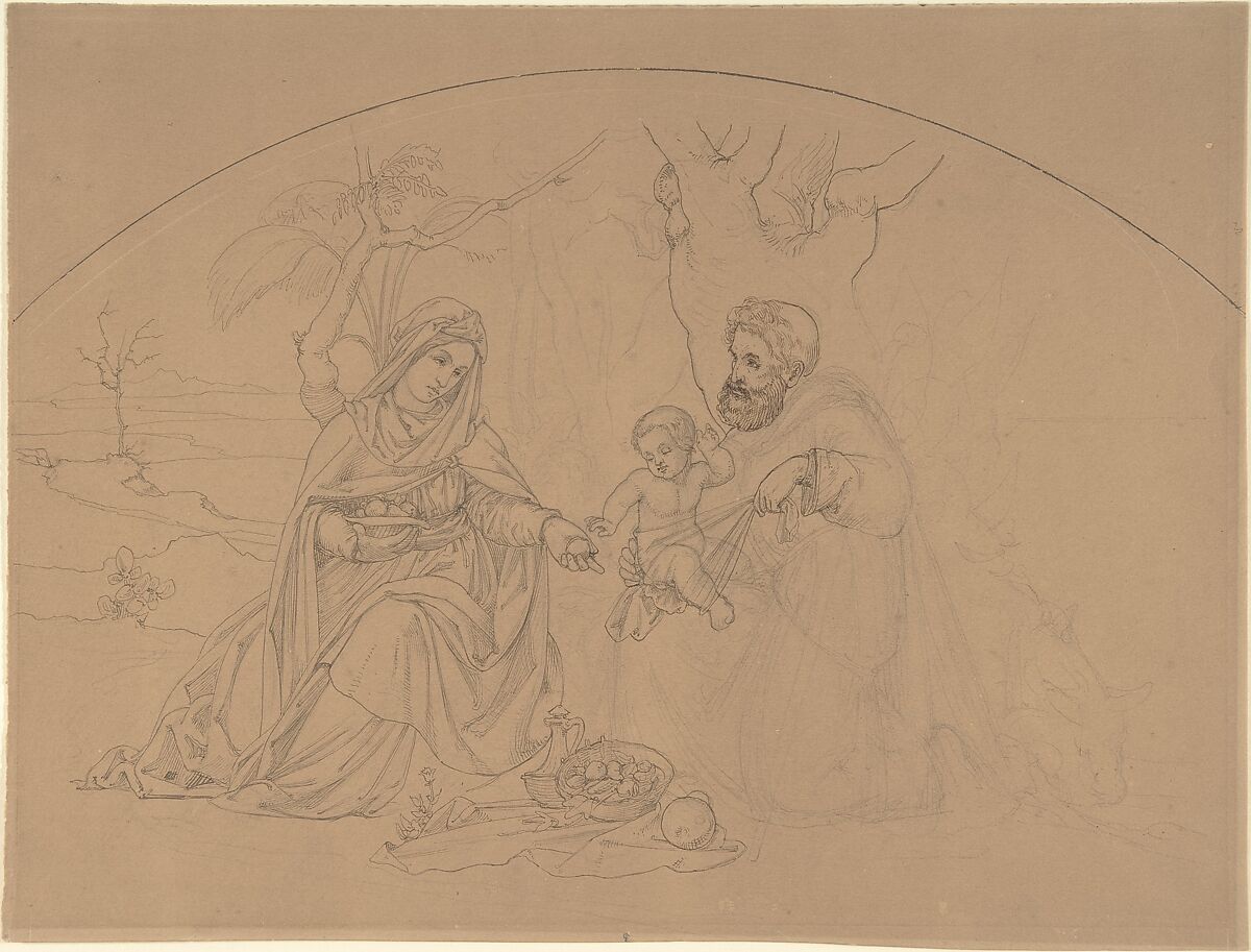 Rest During the Flight into Egypt, Philipp Veit (German, Berlin 1793–1877 Mainz), Pencil overworked with gray feathering, on light brown wove paper 