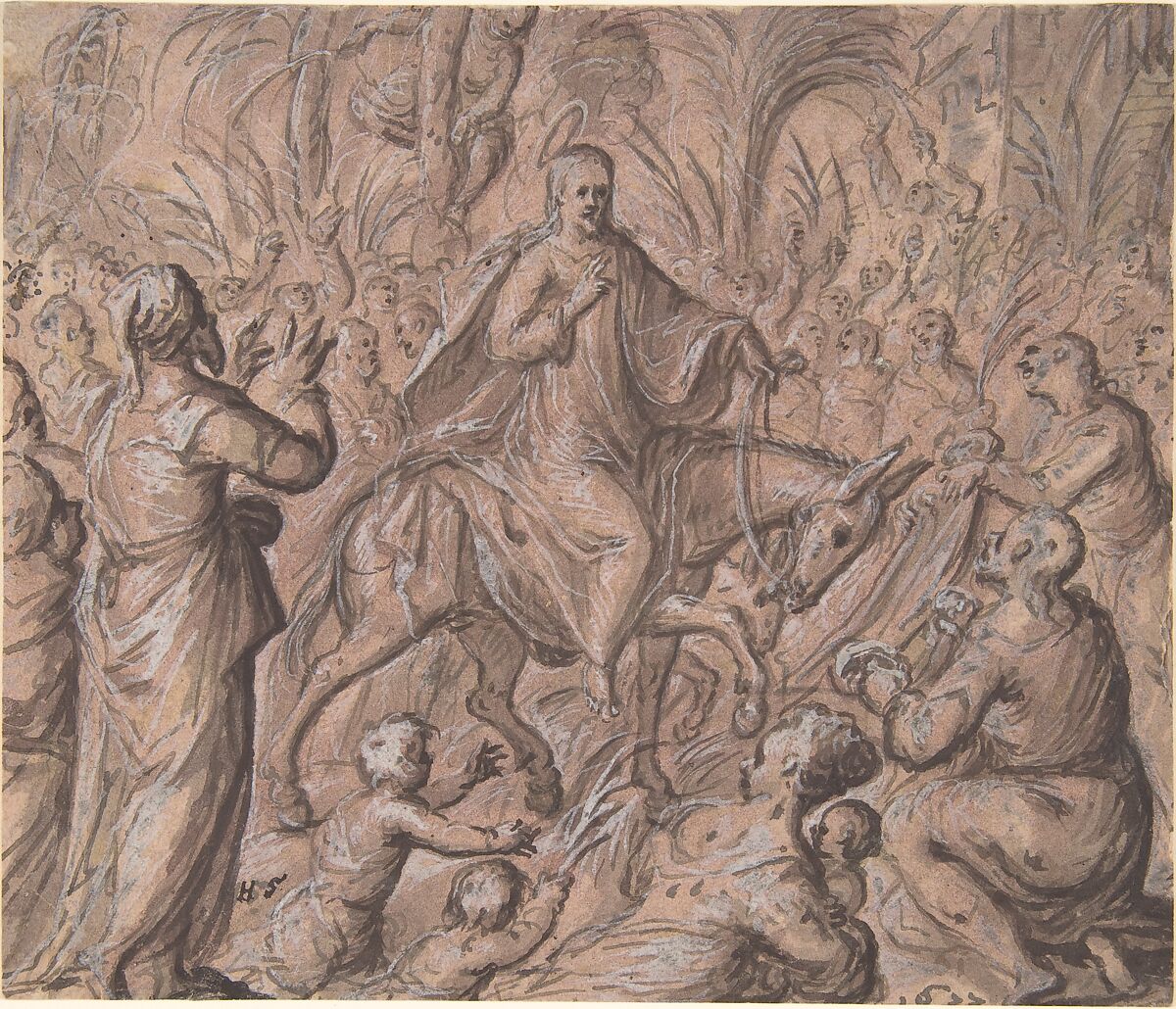 Christ's Entry into Jerusalem, Hans Stutte (German, active Lübeck, died before 1625), Pen and brown ink, brown wash heightened with white on pinkish paper 