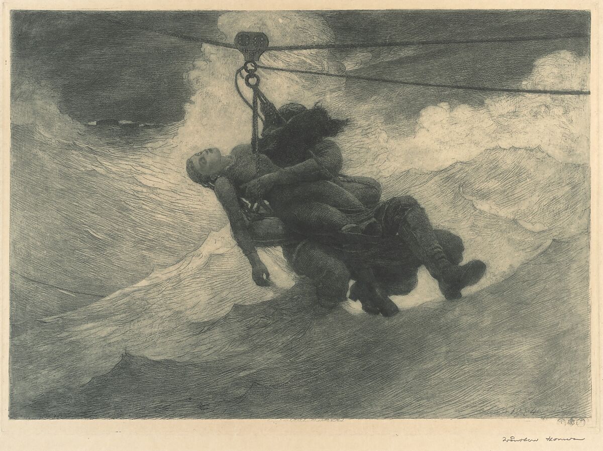 The Life Line, Winslow Homer (American, Boston, Massachusetts 1836–1910 Prouts Neck, Maine), Etching, printed in dark green ink 