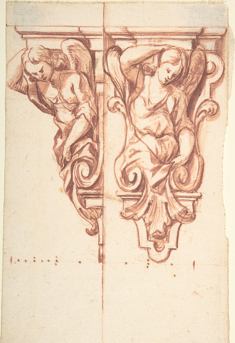 Design for sculpted angeli, Anonymous, Italian, Piedmontese, 18th century, Brush and red chalk wash over red chalk 